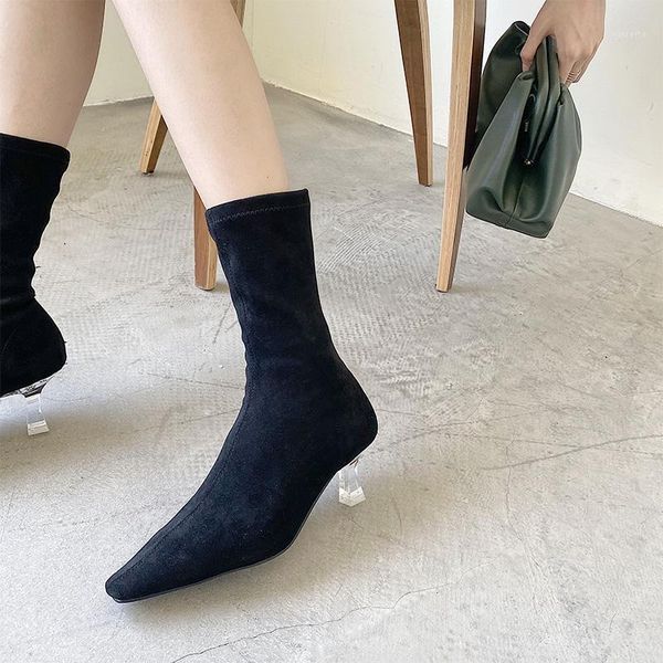 

2020 stretch flock shoes women ankle boots autumn winter comfortable triangle heeled office lady shoes high heels sock boots1, Black