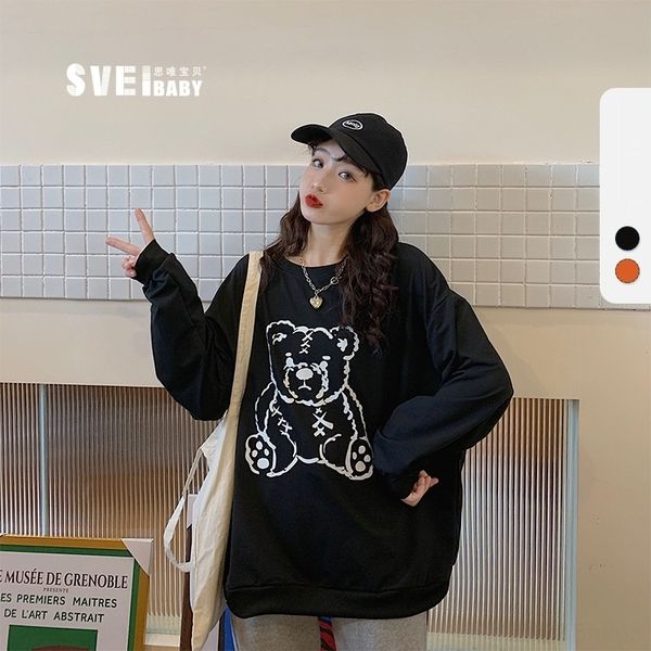 

4jjqq women's wear long autumn style sweater new korean cartoon loose lazy style round neck sweater women's ins student 2020 sleev, Black