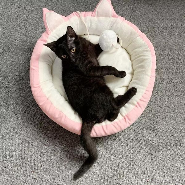

cute cat ears bed kitten winter soft warm plush sleeping cushion waterproof round puppy nest house pet dog kennel sofa mat gato