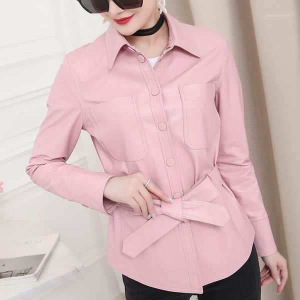 

women's leather & faux 2021 women natural sheepskin jacket pockets belted slim fit genuine kawaii pink windbreaker real coat1, Black