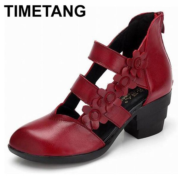 

dress shoes timetang 2021 ethnic style genuine leather women sandals med heels closed toes handmade summer soft outsole casual, Black