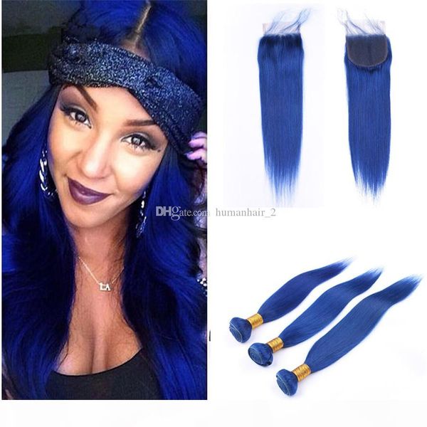 

ocean blue human hair weaves russian virgin blue straight hair bundles with lace closure bleached knots 3 bundles deals with closure, Black;brown