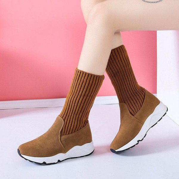 

женщины snow boots flock stretch носок дышащий платформа плюшевые fur ботильоны замшевые утепленные ботинки зимы женщин сапоги снег sneaker, Black