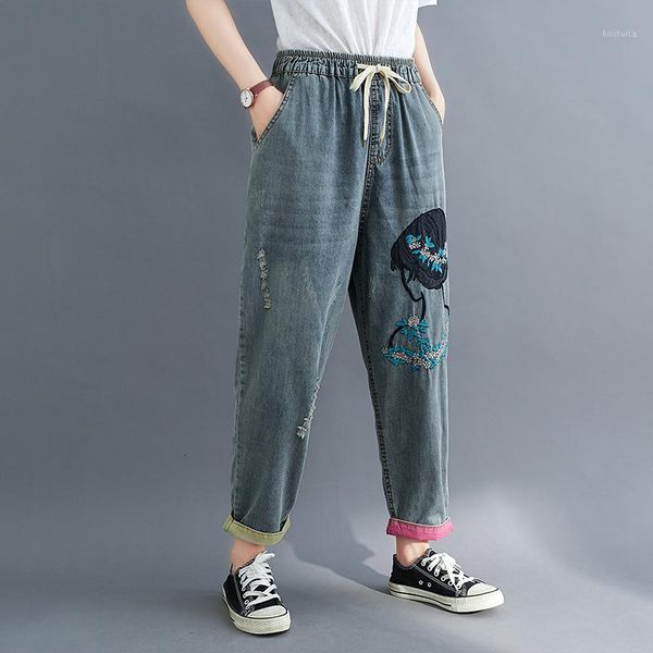 

plus size woman denim harem pants spring autumn drawstring casual embroidery jeans for women mom jeans femme jean1, Blue