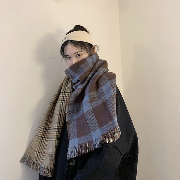 

double sided plaid scarf women's autumn and winter british classic plaid insversatile long thickened warm shawl men's, Blue;gray