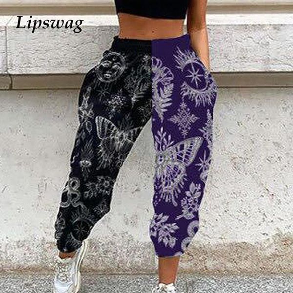 

women skull pattern patchwork streetwear pants autumn casual loose harajuku trousers elegant female plus size sport pants mujer1, Black;white