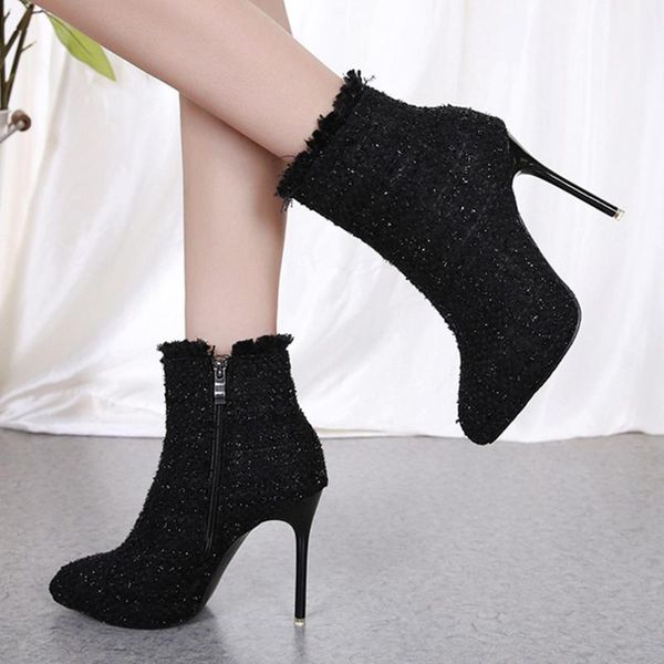 

ribetrini women pointed toe high heels zipper ankle shoes women fashion brand thin heel boots cloth boots, Black