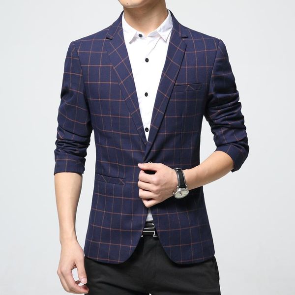 

men's suits & blazers mens plaid blazer cotton mixed casual coat slim fit male clothing 2021 navy blue europe drop plus size 4xl 5xl 6x, White;black