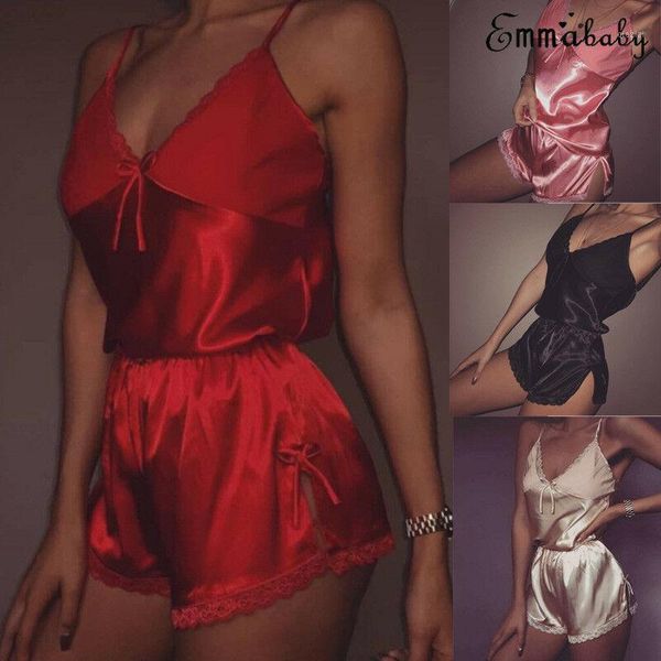 

women lingerie set lace crop shorts pajamas set sleepwear satin pijama nightwear pyjama femme night suit1, Black;red