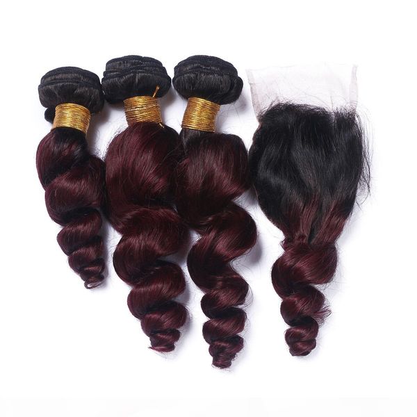 

ombre brazilian loose wave human virgin hair 99j burgundy loose curly 3 bundles wiith closure human hair weft with wine red closure, Black;brown