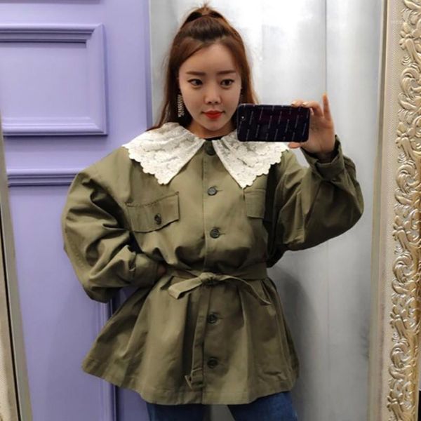 

korean adjustable waist women army green coats vogue 2018 new autumn trench female long sleeve lace neck ladies windbreaker1, Tan;black