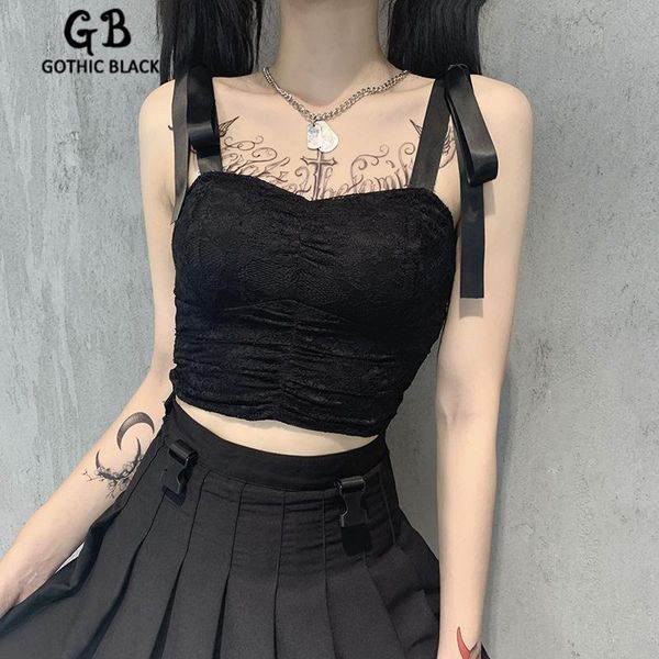 

women's tanks & camis gothblack slim bow spaghetti straps solid color tank gothic women lace backless female streetwear casual, White