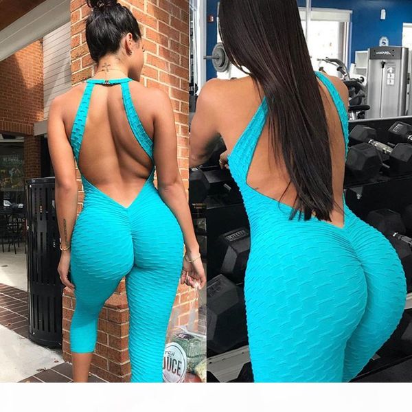 

ins honeycomb high elastic yoga sport jumpsuit women 2018 summer backless push up fitness jumpsuit streetwear running overalls, Black;white