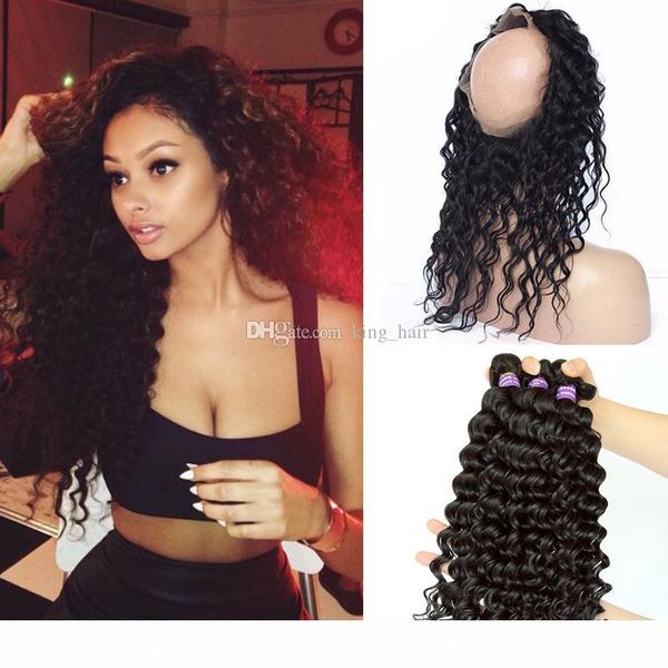 

pre plucked 360 lace frontal with bundles 9a brazilian hair deep wave with 360 circular band lace frontal with 3 bundles, Black