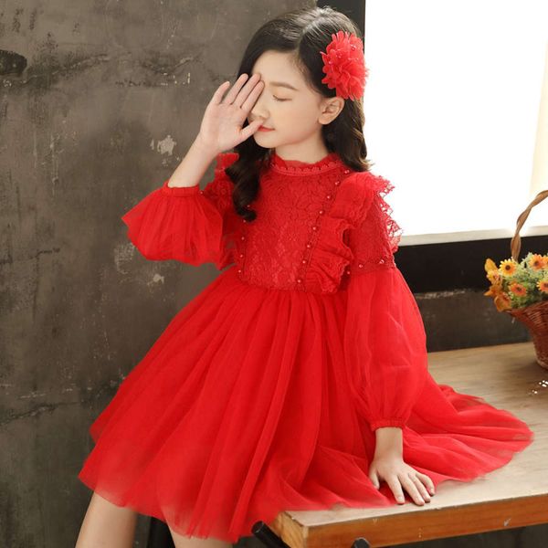 

girls' autumn and winter 2020 zhongda children's bubble sve princs korean sle lace drs, Red;yellow