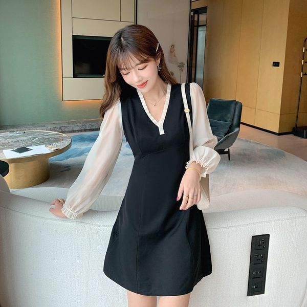 

xcust solid small hepburn small fragrance large size autumn color stitching contrast chiffon long sleeve 2020 black dress dressperfume dress, Black;gray
