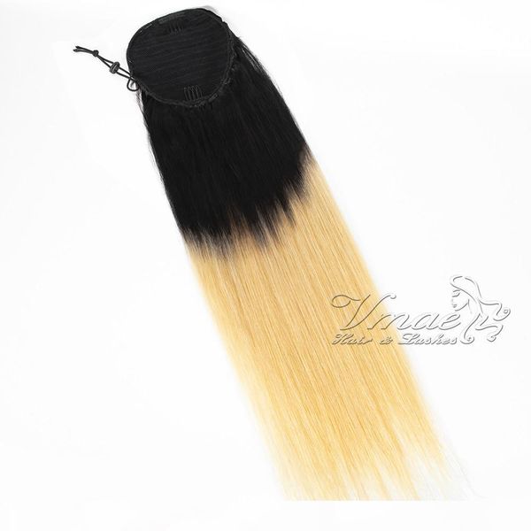 

vmae peruvian virgin hair clip in elastic band drawstring black 1b 613 blonde 2 tone ombre straight human hair ponytail