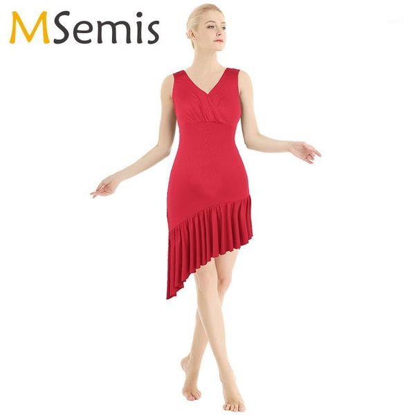 

women latin dance dress rumba stage costume sleeveless v-neck ruffled asymmetric lyrical dance costumes gymnastic dress1, Black;red