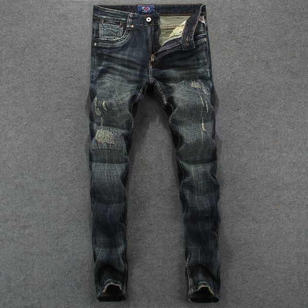 

2021 new italian style fashion men retro black blue slim fit ripped denim trousers vintage designer cotton long pants 8zb3