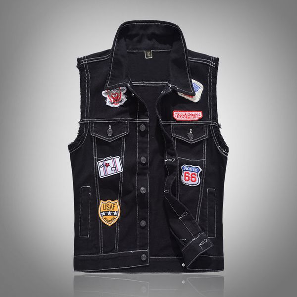 

classic vintage mens jeans vest sleeveless jackets fashion patchwork designs punk rock style ripped cowboy frayed denim vest tanks 1003, Black;white