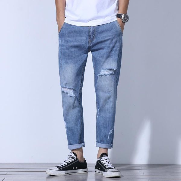 

men's jeans fashion blue ripped 2021 autumn denim ankle-lenght pants