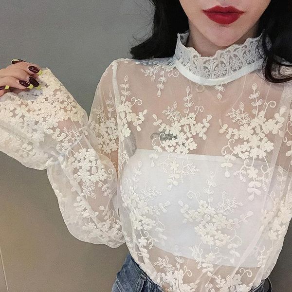 

lady transparent lace turtleneck blouses stretchy pullovers tees girls full flare sleeve sweet chic blouses for women, White