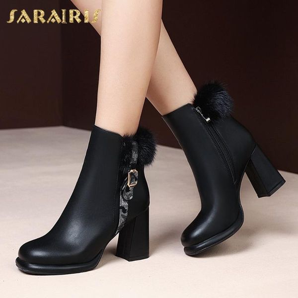 

sarairis 2020 big size 43 fashion elegant ladies high heels office fur ball ankle boots female winter shoes woman, Black