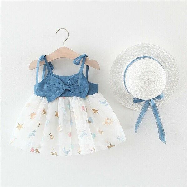 

clothing sets infant kids baby girl bow denim dress summer sling tulle tutu princess with sun hat cute sets1, White
