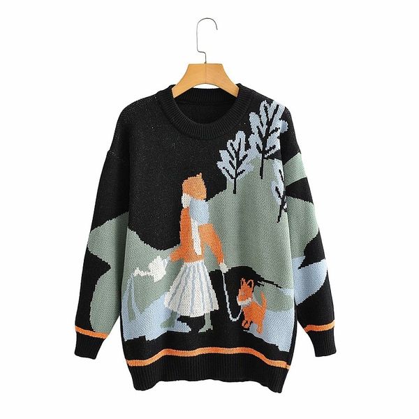 

women school style parttern jumper dog and girl christmas sweater 2020 autumn winter fashion long sleeve o-neck pullovers, White;black