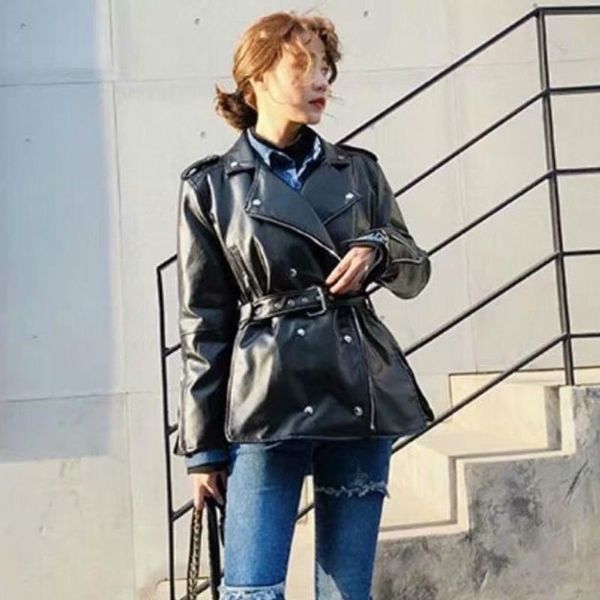 

deat] 2020 spring autumn new fashion turn-down sashes covered button turn-down collar long sleeve women leather jacket 13u646, Black