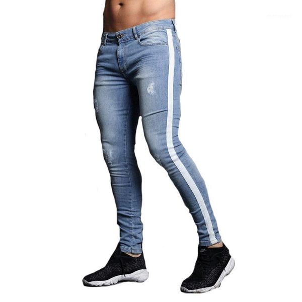 

side striped jeans men ripped distressed hole denim pants slim fit stretch casual jogger homme pencil trousers with cotton1, Blue