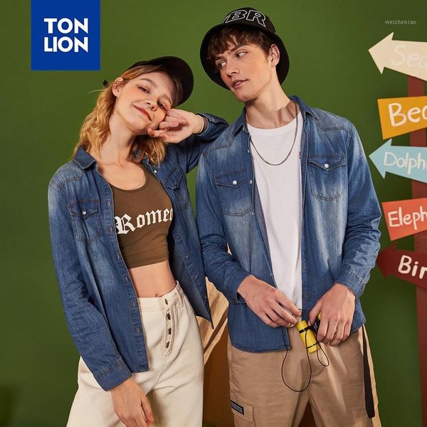 

tonlion 2020 spring neutral minimalist denim shirt mens full sleeves jean shirt men denim with two pockets couples new dropship1, White;black