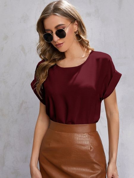 

solid rolled sleeve blouse t1pu#, White