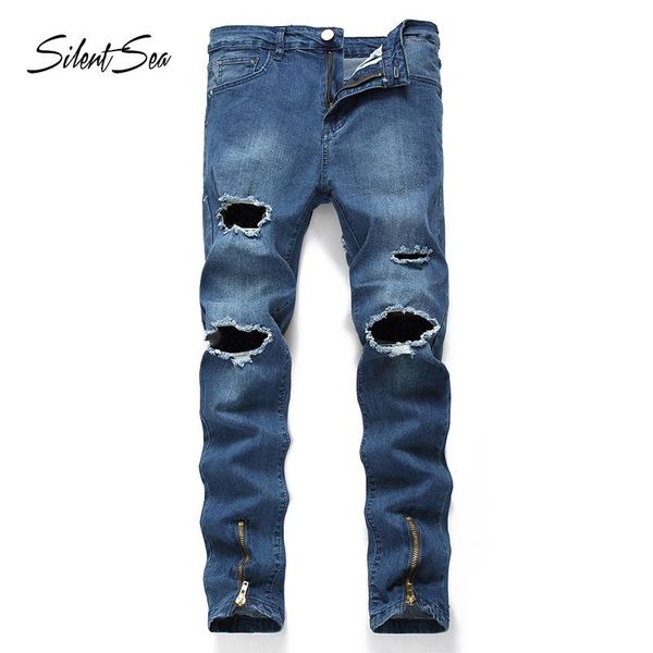 

men's jeans silentsea plus size stretch destroyed ripped design fashion ankle zipper skinny for men 28-40, Blue