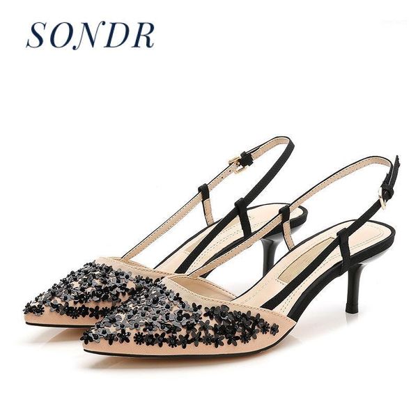 

2020 summer women shallow mouth high heels beaded metal sequins pointed hollow sandals stiletto single shoes1, Black