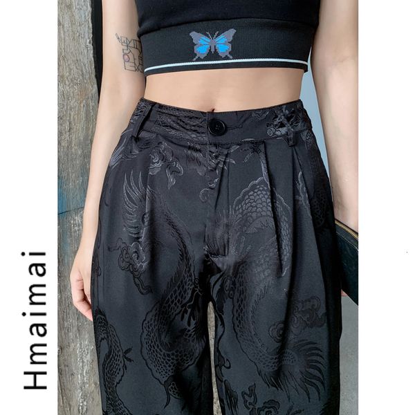 

2021 new black summers thin line dragon standard high female pants k80s, Black;white