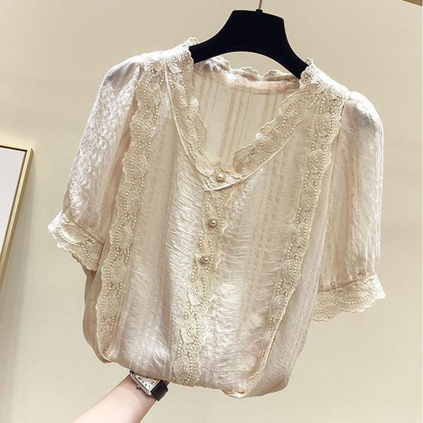 

women's blouses & shirts plus size chiffon blusas mujer de moda 2021 summer ropa lace blouse women splice female, White