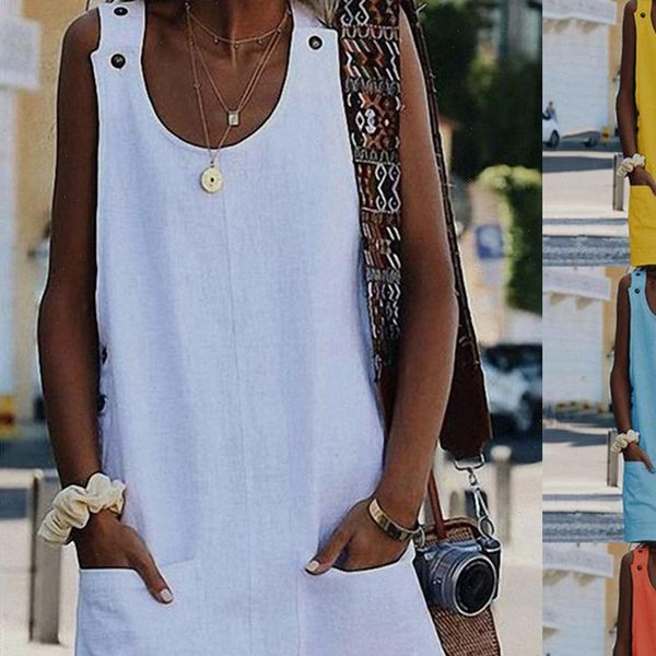 

beach dress women casual solid color pocket mini dress sleeveless button dress white strap drop shipping, Black;gray