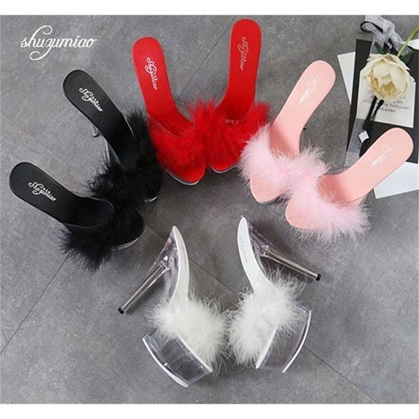 

женщины 2019 мао sexy супер высокий каблук 15см fine с водонепроницаемые таблица тапочки прозрачный кристалл обувь свадебный банкет y200423, Black