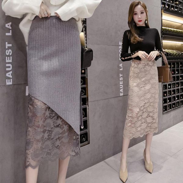 

women clothing mid long skirt 2019 autumn winter high waist knitted long skirt black plus siz ladies slim lace pencil1