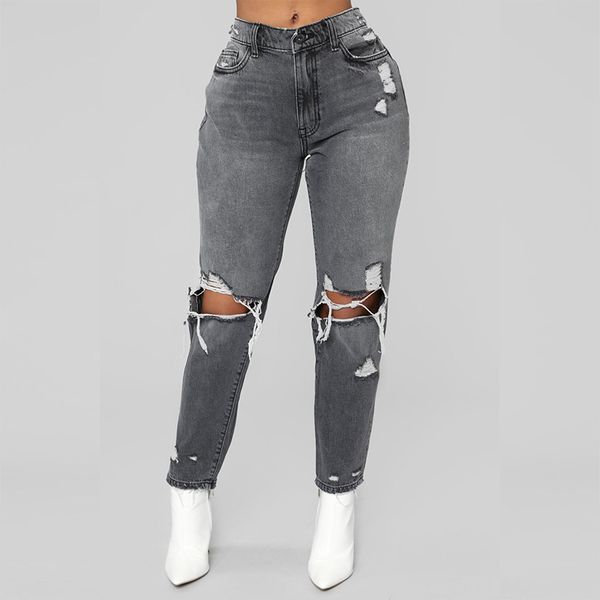 

2020 smoke gray knee big hole beggars jeans women, Blue