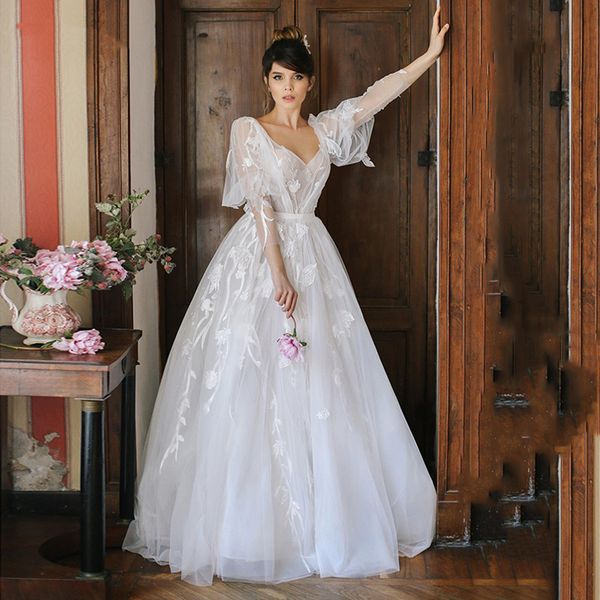 

long puff sleeve lace beach wedding dresses boho backless bridal gowns princess plus size weddding party gown 2021 custom made, White