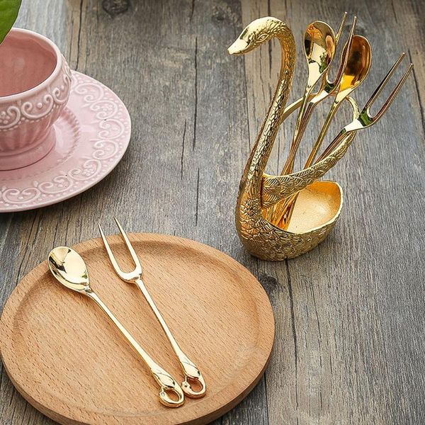 

flatware sets 7pcs swan fruit base holder forks set stainless steel salad dessert coffee spoon cake tableware zero waste talher