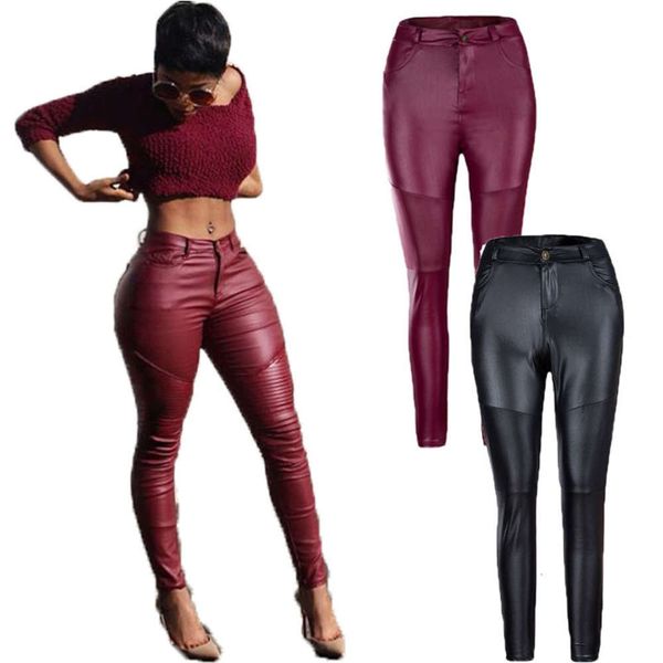 

street autumn and winter pleated women's leather pants tight elastic leggings, Black;gray