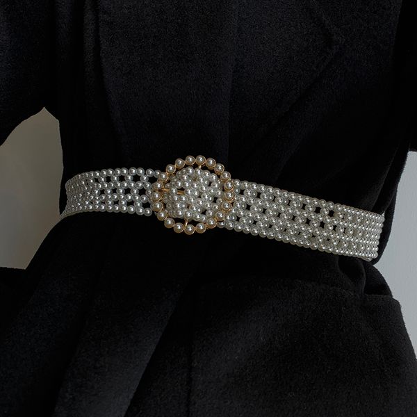 

waist cover women's decorative dress with generous buckle fashion wide ins style and simple pearl belt, Black;brown