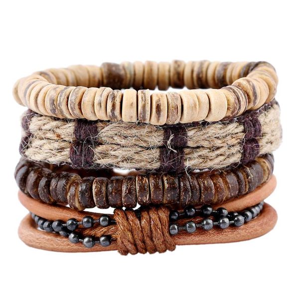 

new ladies' popular personality european and american simple retro braided cowhide coconut shell twine four-piece bracelet, Golden;silver
