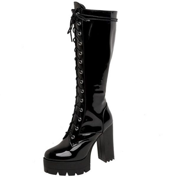 

2021 new platform pu leather knee high boots cros-tied autumn winter shoes round toe all match women long boots size 34-43, Black