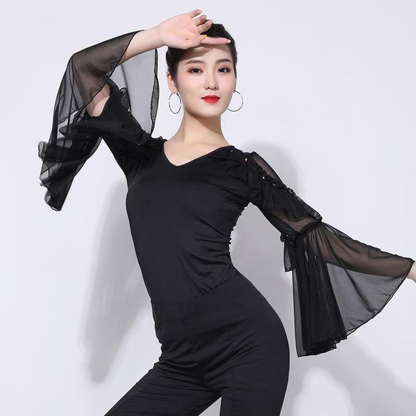 

stage wear latin dance clothes women 2021 horn sleeve black dancewear performance standard ballroom waltz costume 1467, Black;red