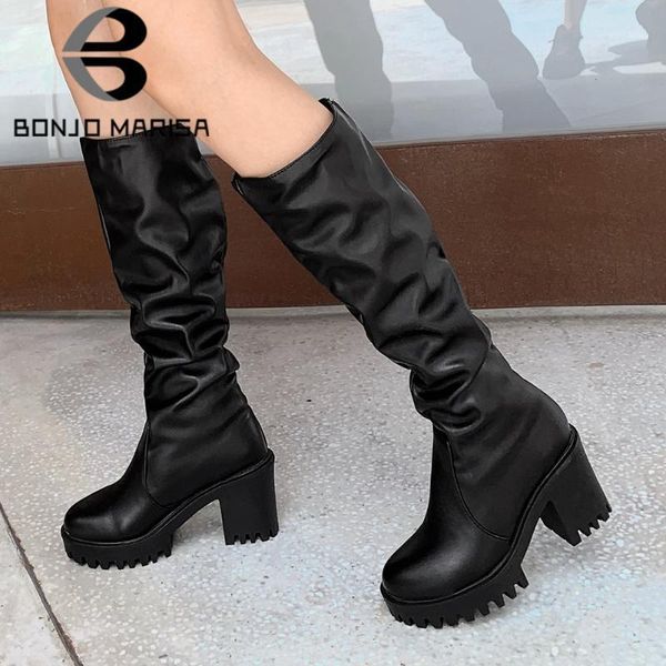 

bonjomarisa ladies fashion brand block heel mid calf boots solid brand design new boots women platform slip on shoes woman1, Black