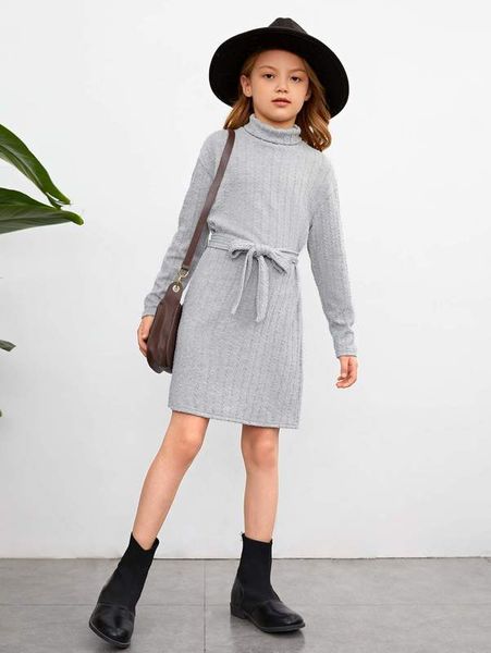 

girls turtleneck drop shoulder belted dress she, Red;yellow